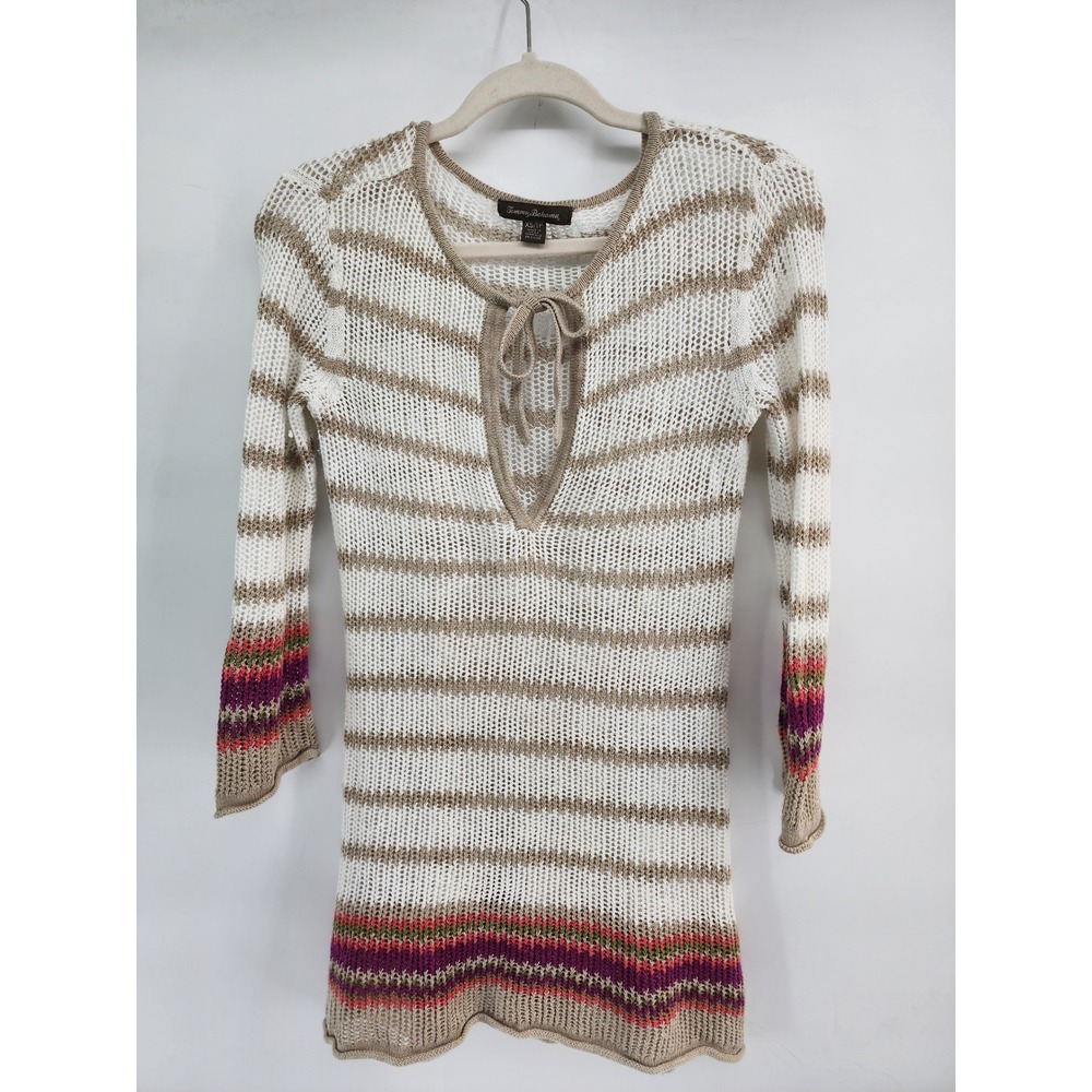 Tommy Bahama Striped Linen Blend Open Knit Keyhole Tunic Sweater Size XS